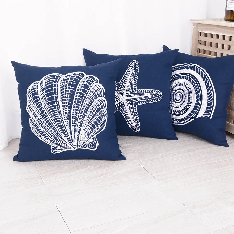 Nautical Shells White Blue Pillowcase Home Modern Minimalist Embroidered Marine Decor