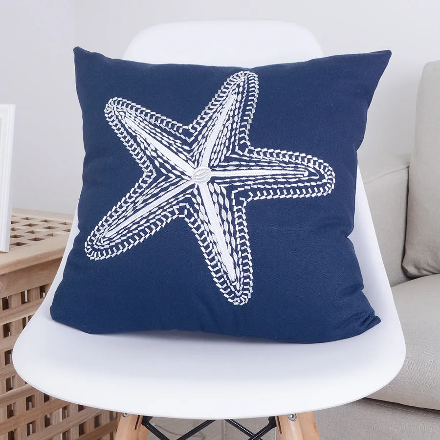 Nautical Shells White Blue Pillowcase Home Modern Minimalist Embroidered Marine Decor