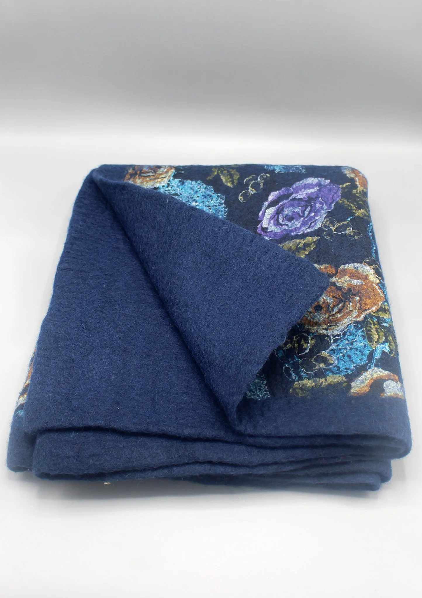 Navy Blue Floral Print Felt Wool Colorful Indoor Mat