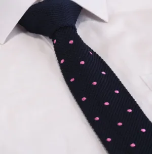 Navy Blue with Pink Polka Dots Skinny Knit Tie