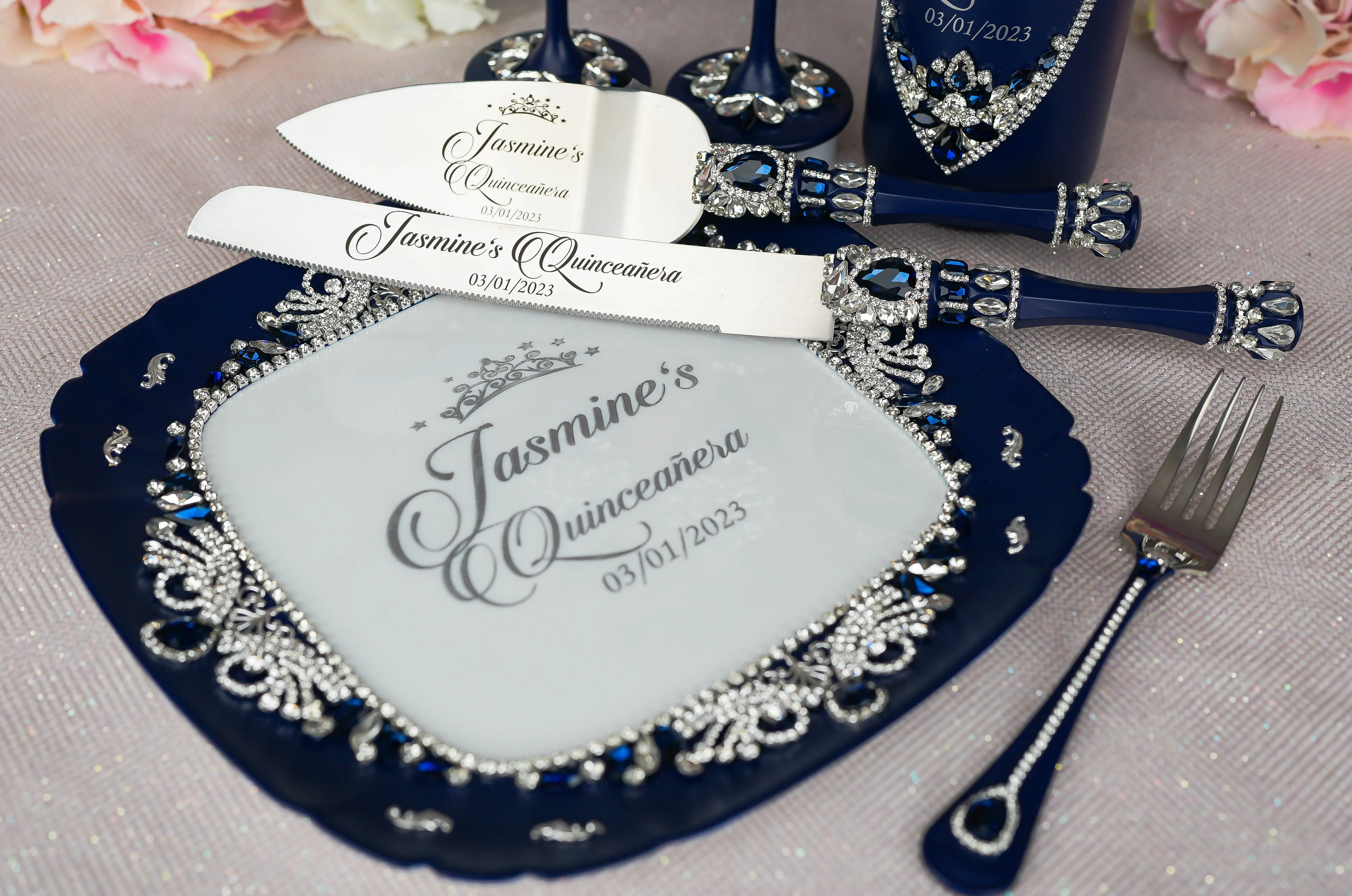 Navy Blue with silver quinceanera brindis package with bottle