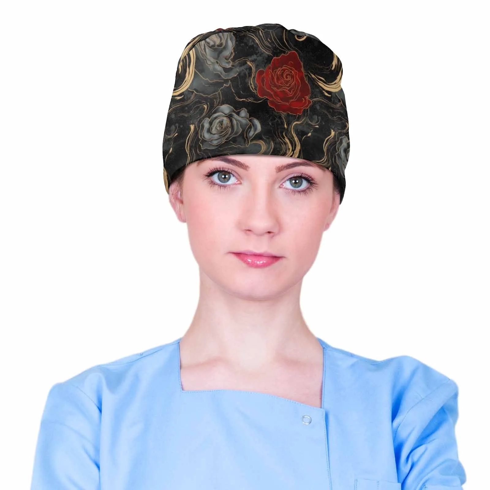 Nurse Scrub Cap Black and Red Roses 2  Scrub Cap