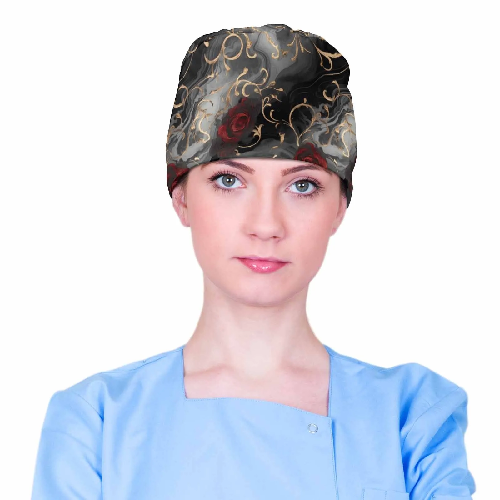 Nurse Scrub Cap Black and Red Roses  Scrub Cap