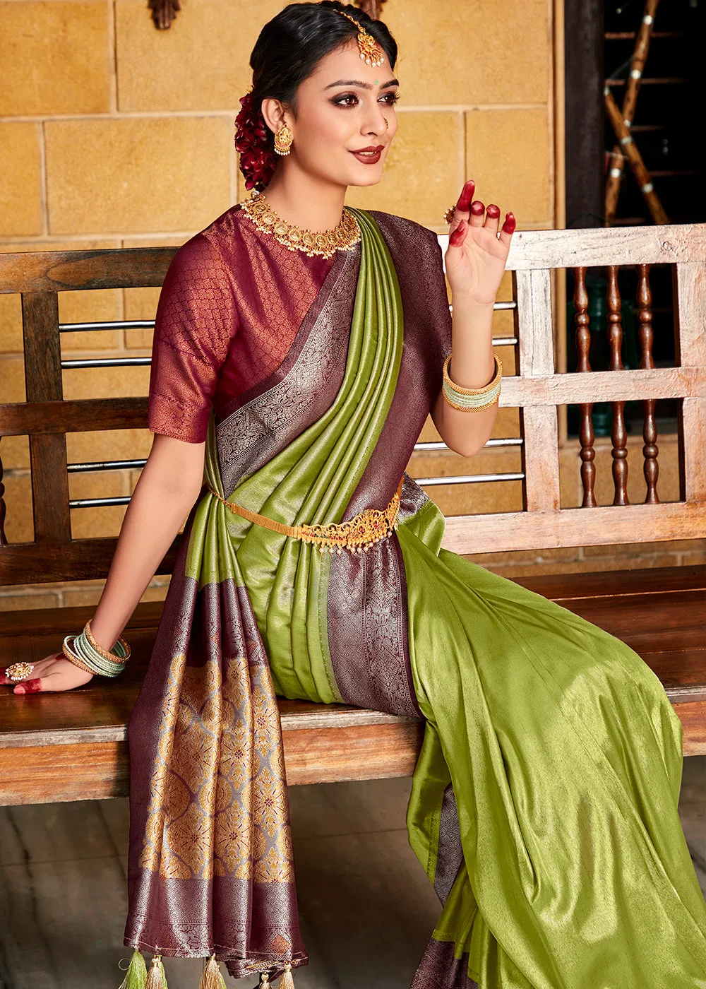 Olive Green Zari Woven Kanjivaram Silk Saree with Contrast Border & Pallu