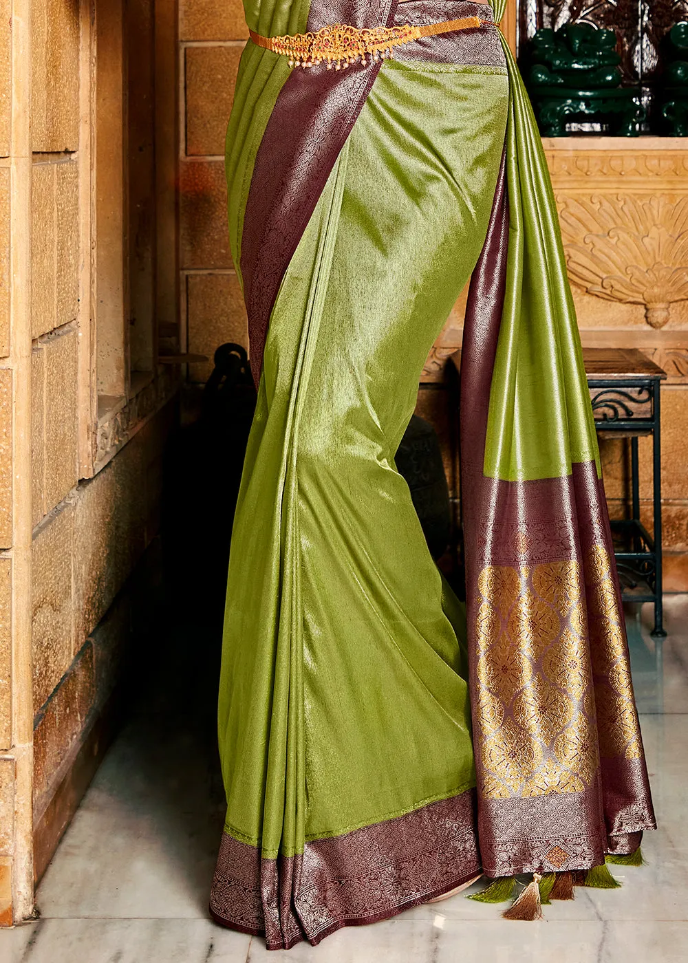 Olive Green Zari Woven Kanjivaram Silk Saree with Contrast Border & Pallu