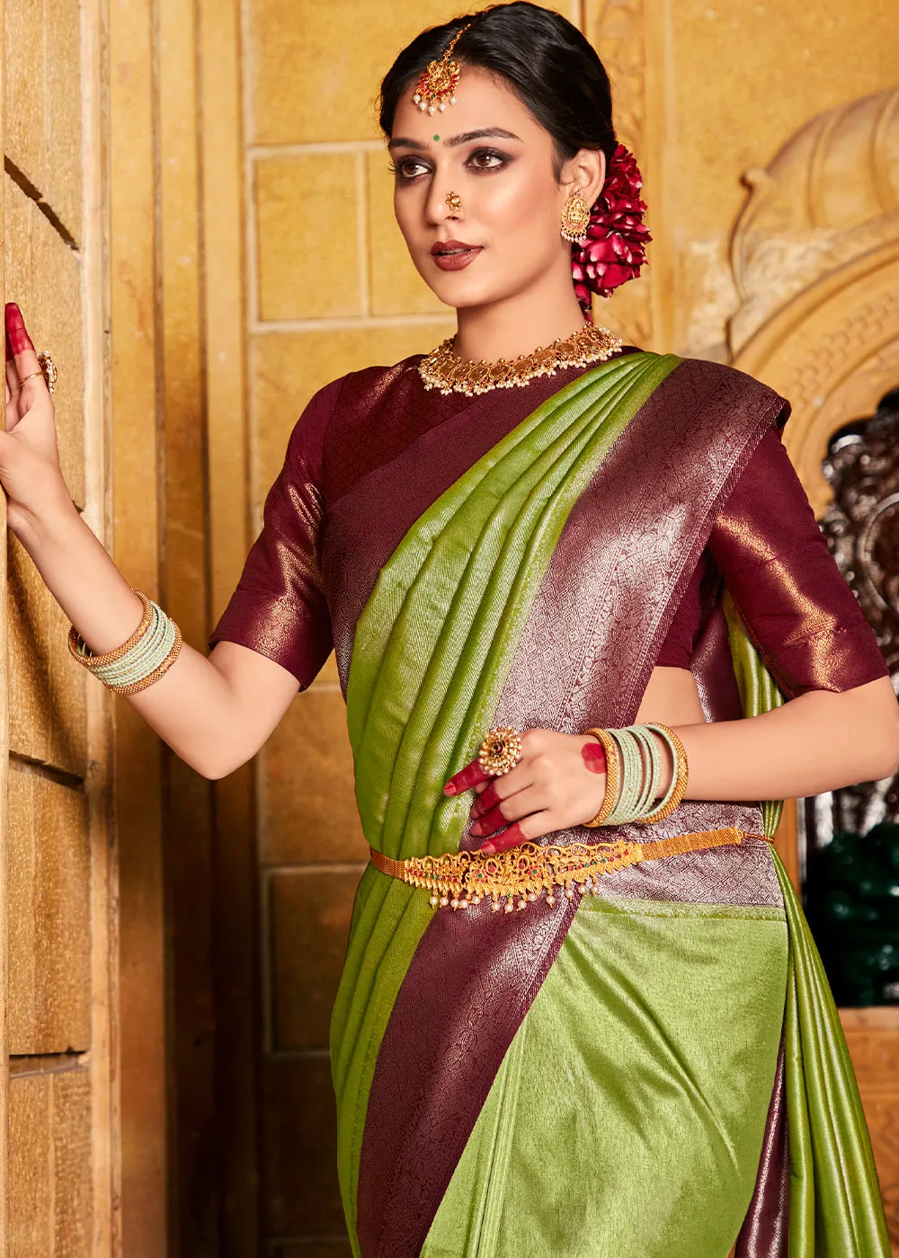 Olive Green Zari Woven Kanjivaram Silk Saree with Contrast Border & Pallu