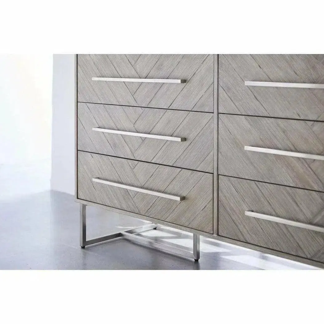 On Stand Mosaic 6-Drawer Double Dresser Acacia Brushed Steel