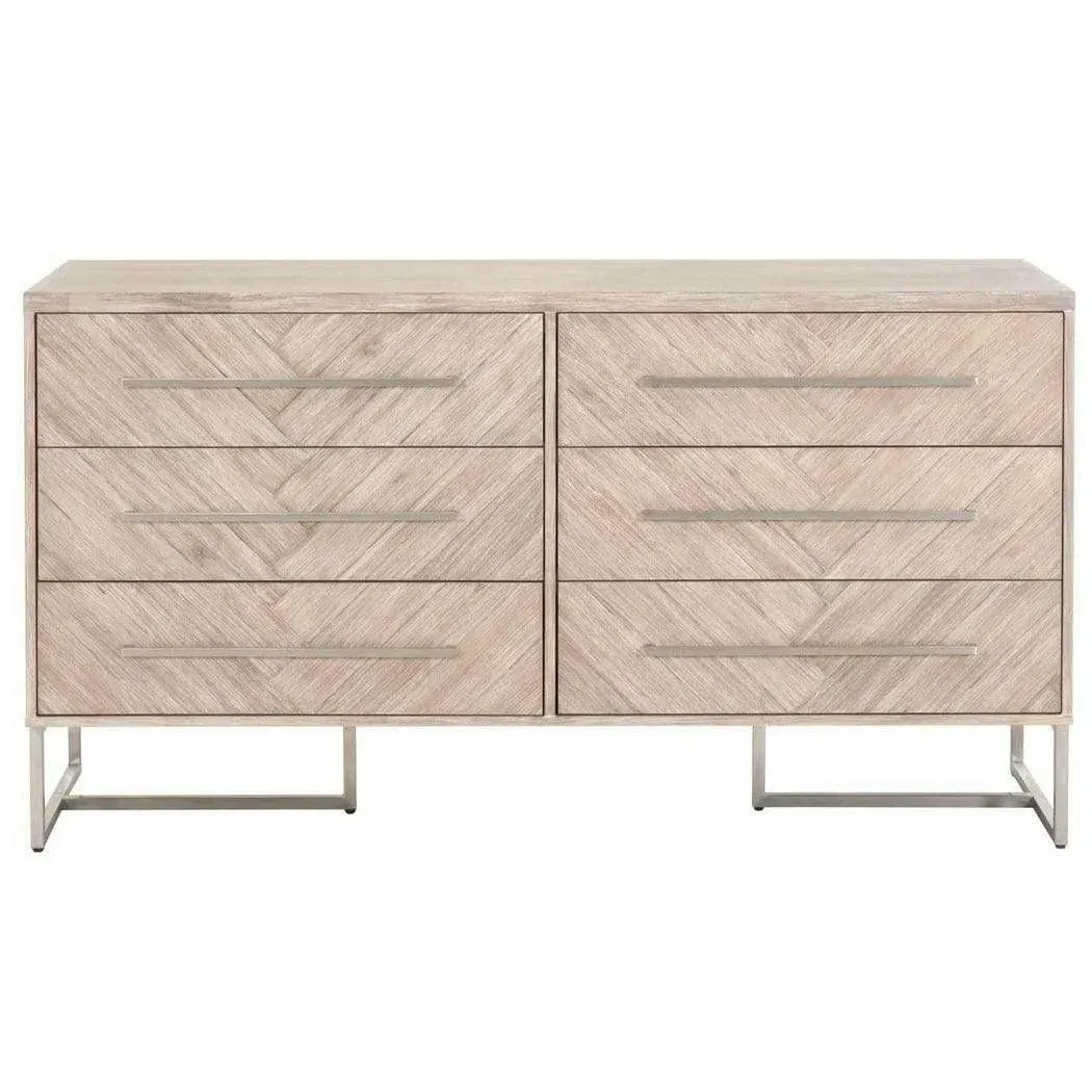 On Stand Mosaic 6-Drawer Double Dresser Acacia Brushed Steel