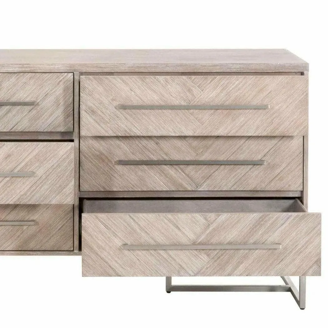 On Stand Mosaic 6-Drawer Double Dresser Acacia Brushed Steel