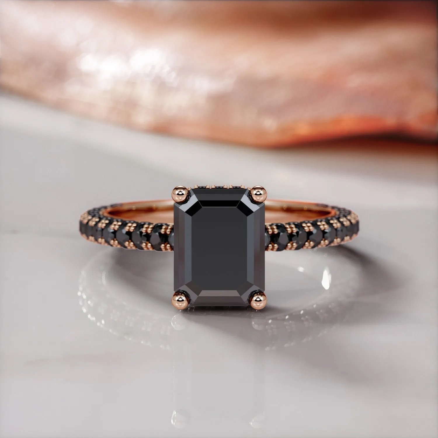 Oscura Magia - Black Diamond  Natural Black Diamond Emerald Cut Engagement Ring  in Rose Gold