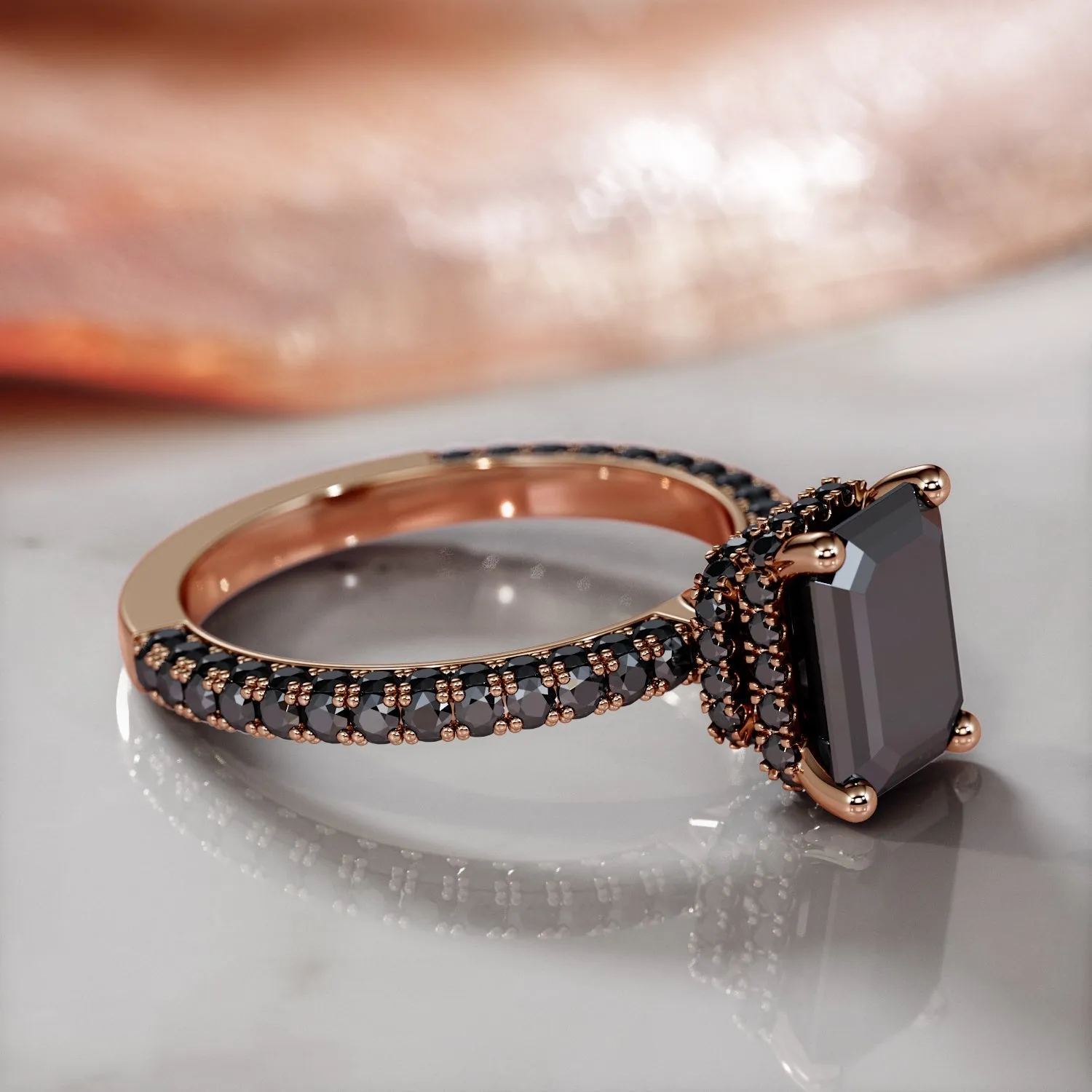 Oscura Magia - Black Diamond  Natural Black Diamond Emerald Cut Engagement Ring  in Rose Gold