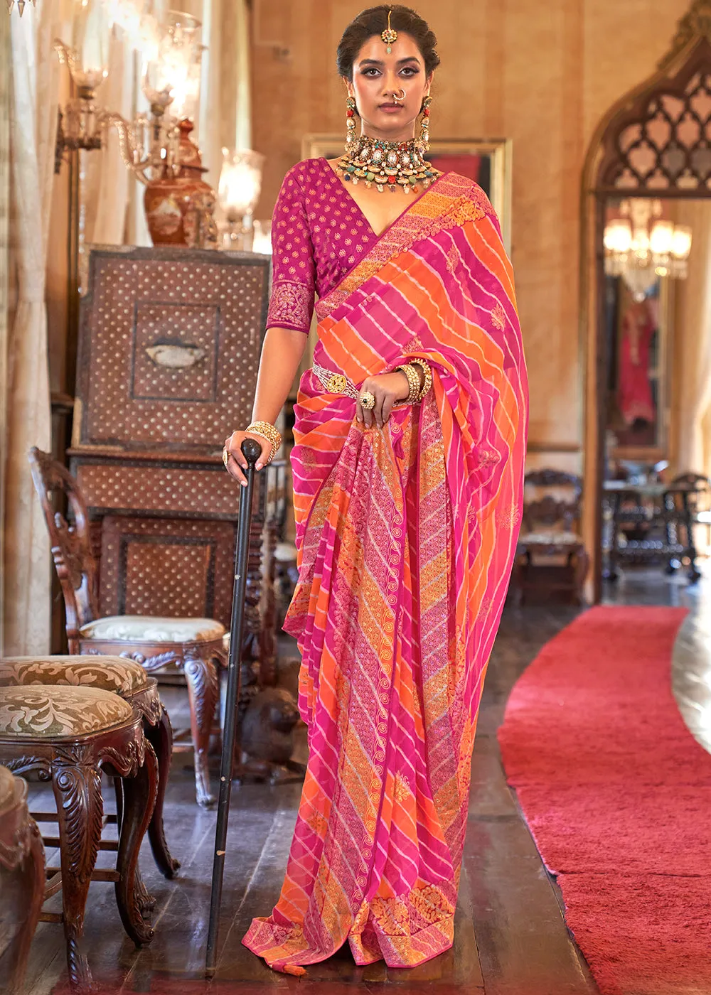 Pink & Orange Leheriya Printed Georgette Saree with Gota Patti work