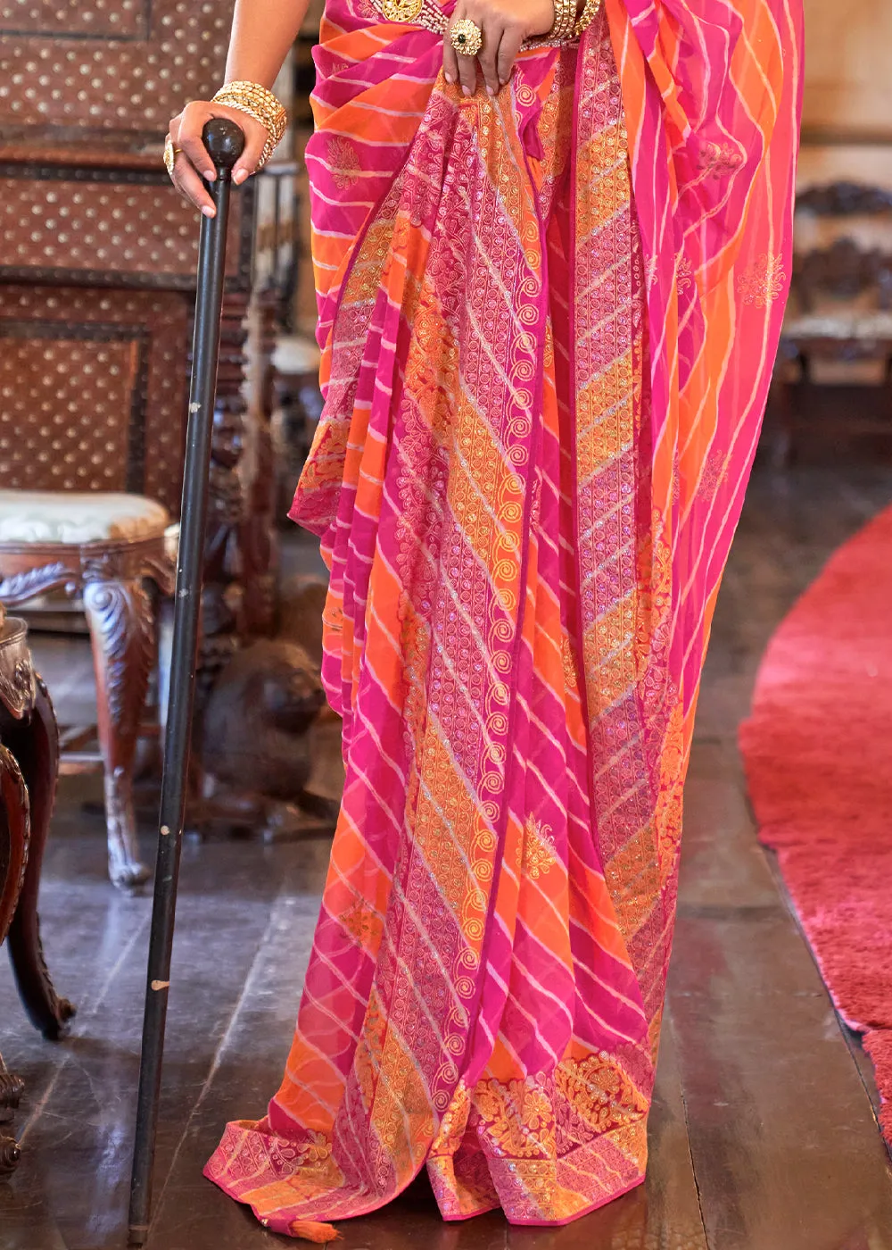 Pink & Orange Leheriya Printed Georgette Saree with Gota Patti work