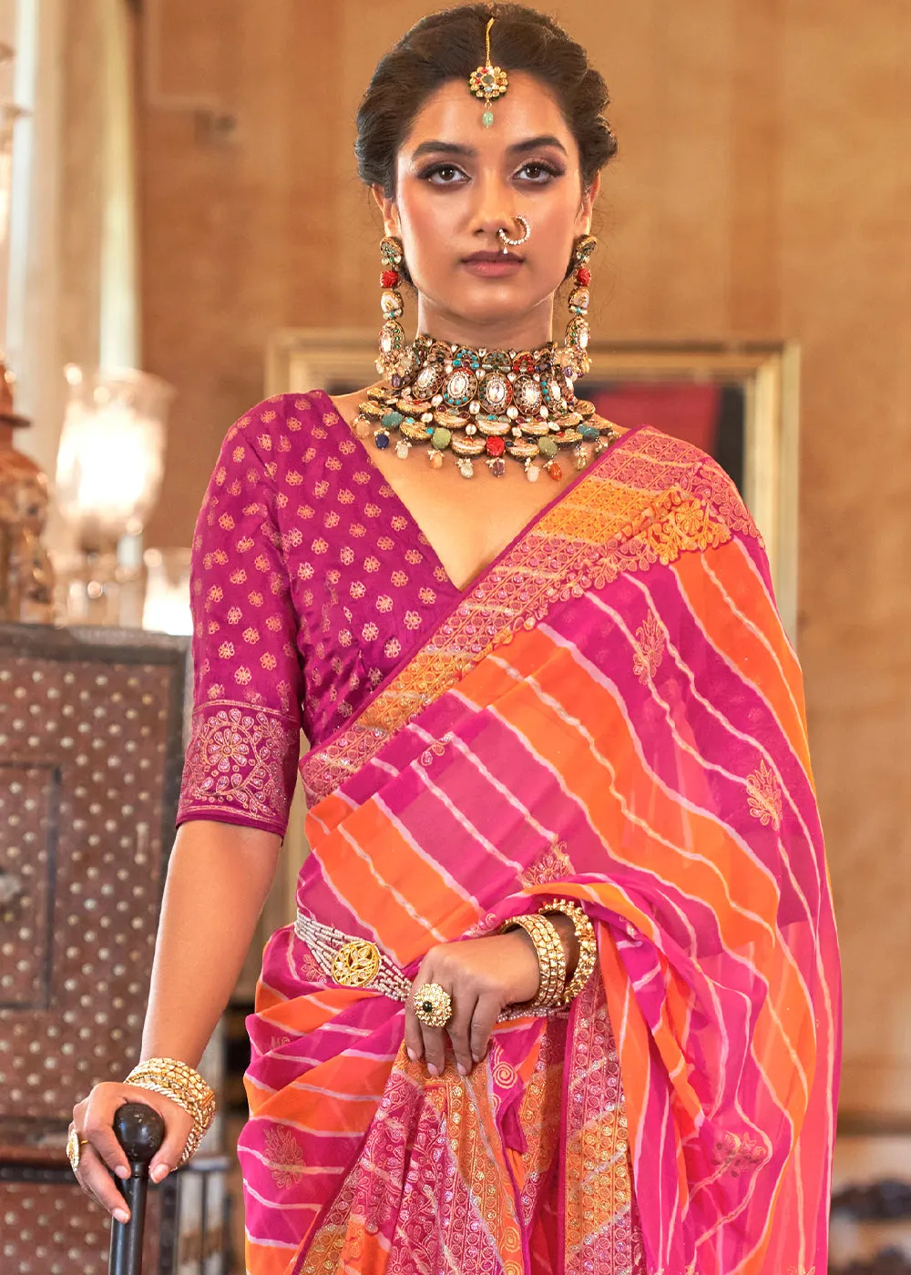 Pink & Orange Leheriya Printed Georgette Saree with Gota Patti work