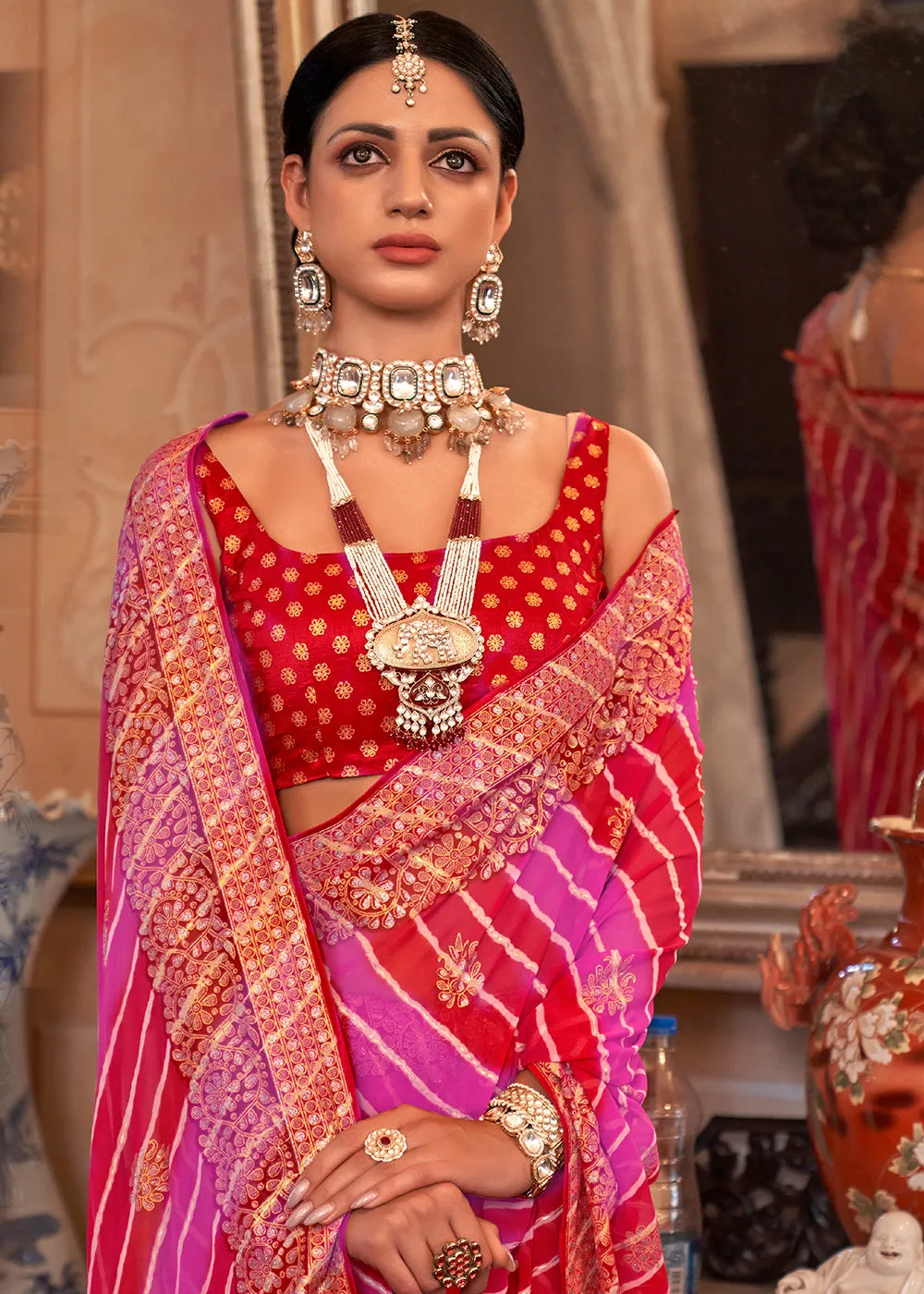 Pink & Red Leheriya Printed Georgette Saree with Gota Patti work