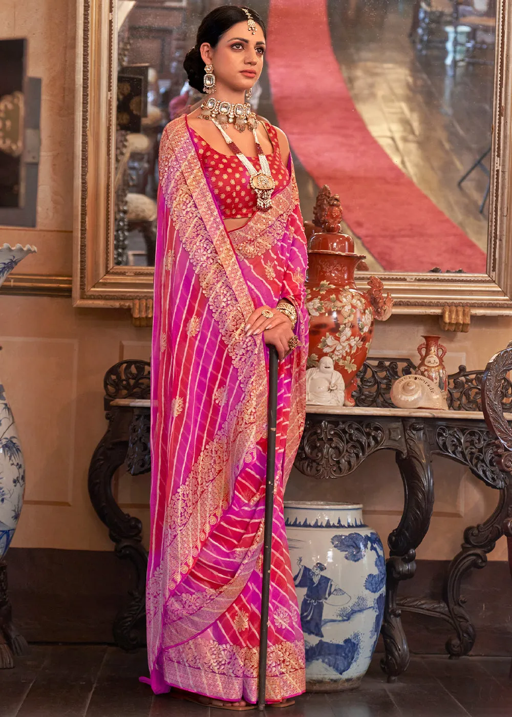 Pink & Red Leheriya Printed Georgette Saree with Gota Patti work