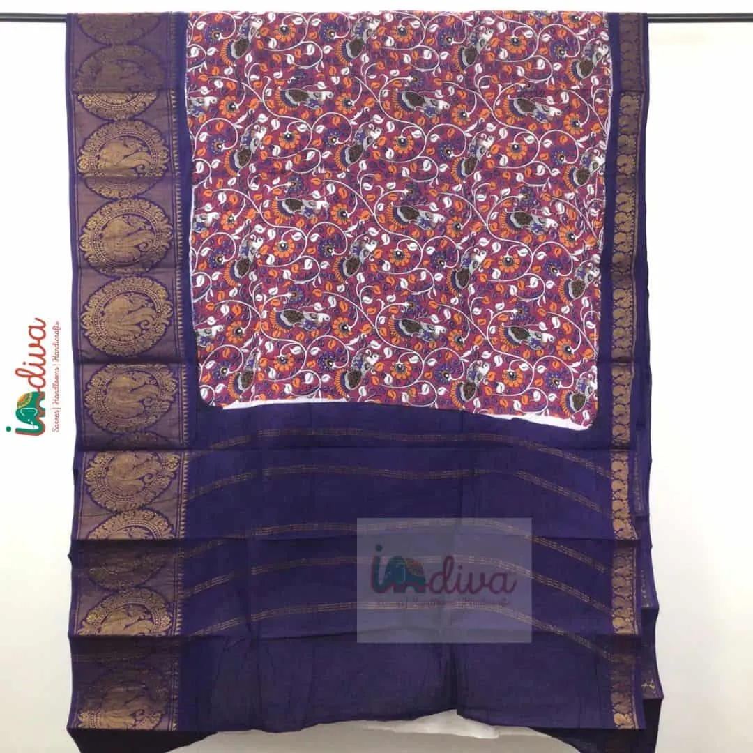 Pink Sungudi Pure Cotton Saree With Kalamkari Prints