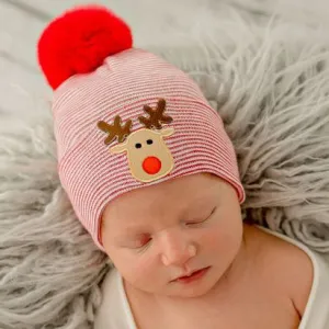 Reindeer Christmas Hat - Red or Red Striped Hat with Fuzzy Pom Newborn Gender Neutral Hat