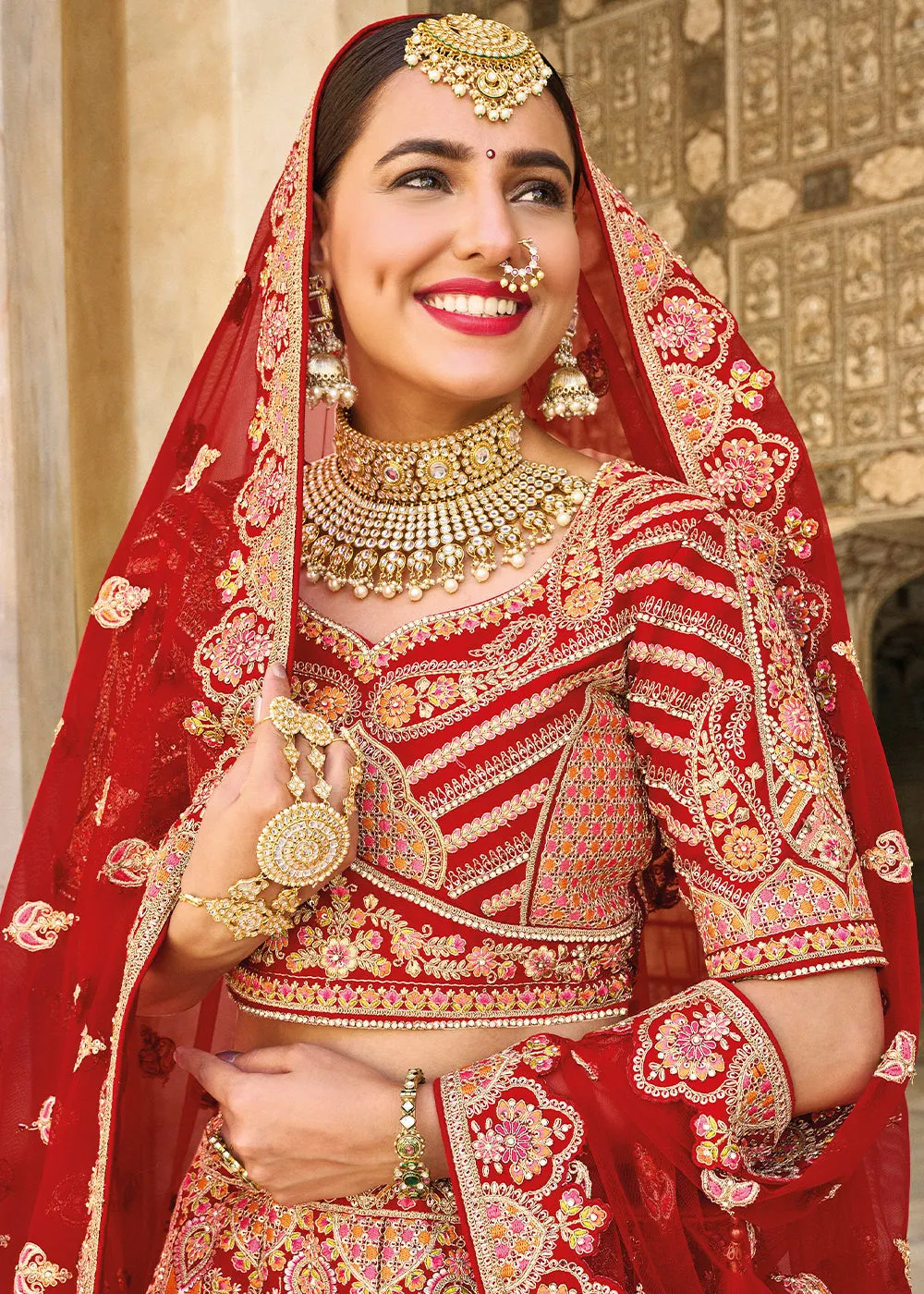 Ruby Red Velvet Lehenga Choli with Heavy Embroidery Work