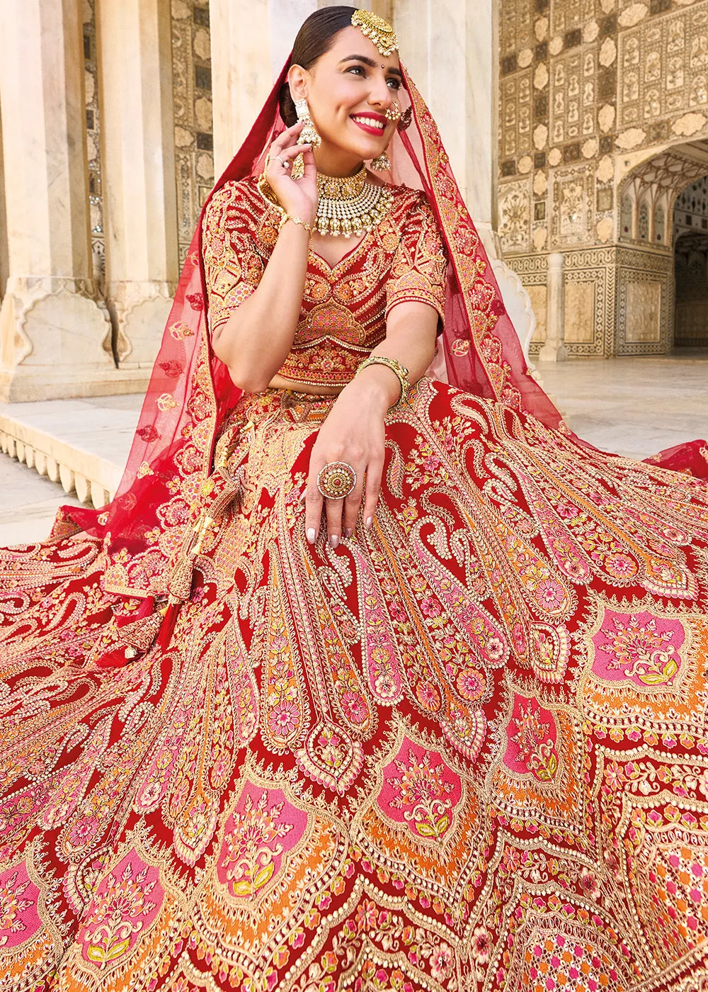 Ruby Red Velvet Lehenga Choli with Heavy Embroidery Work