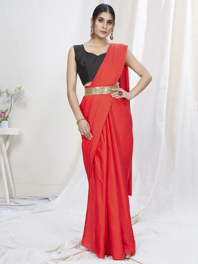 Scarlet Red Ready to Wear One Minute Lycra Saree