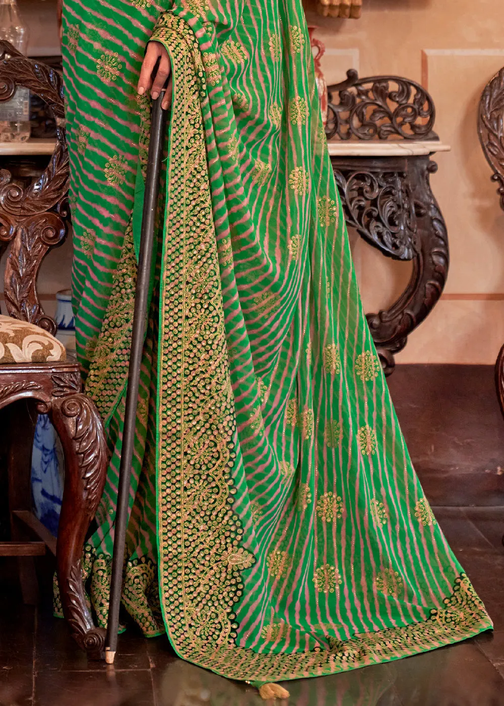 Sea Green Leheriya Printed Georgette Saree with Gota Patti work