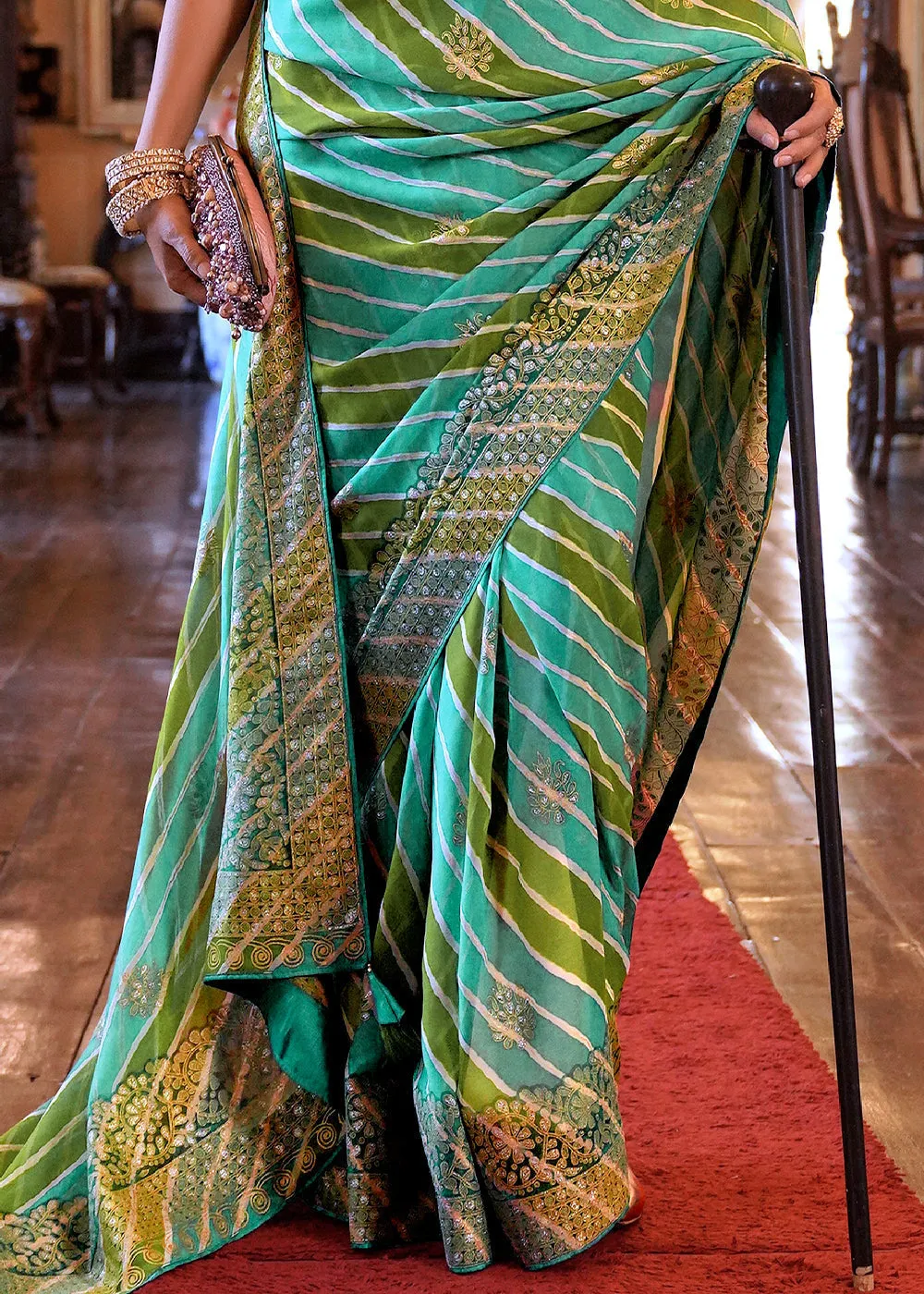 Shades Of Green Leheriya Printed Georgette Saree with Gota Patti work