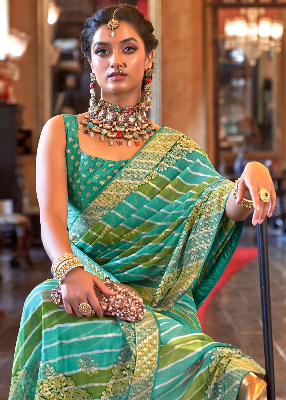 Shades Of Green Leheriya Printed Georgette Saree with Gota Patti work