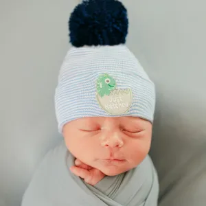 Striped Just Hatched Newborn baby Hospital Beanie Hat with Navy Pom Pom Infant Hat Newborn Hat