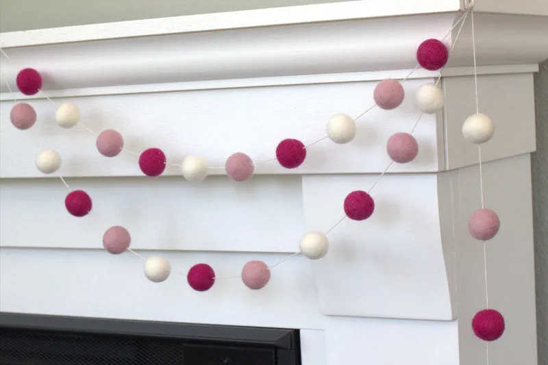 Valentine's Day Felt Ball Garland- Berry, Pink, White