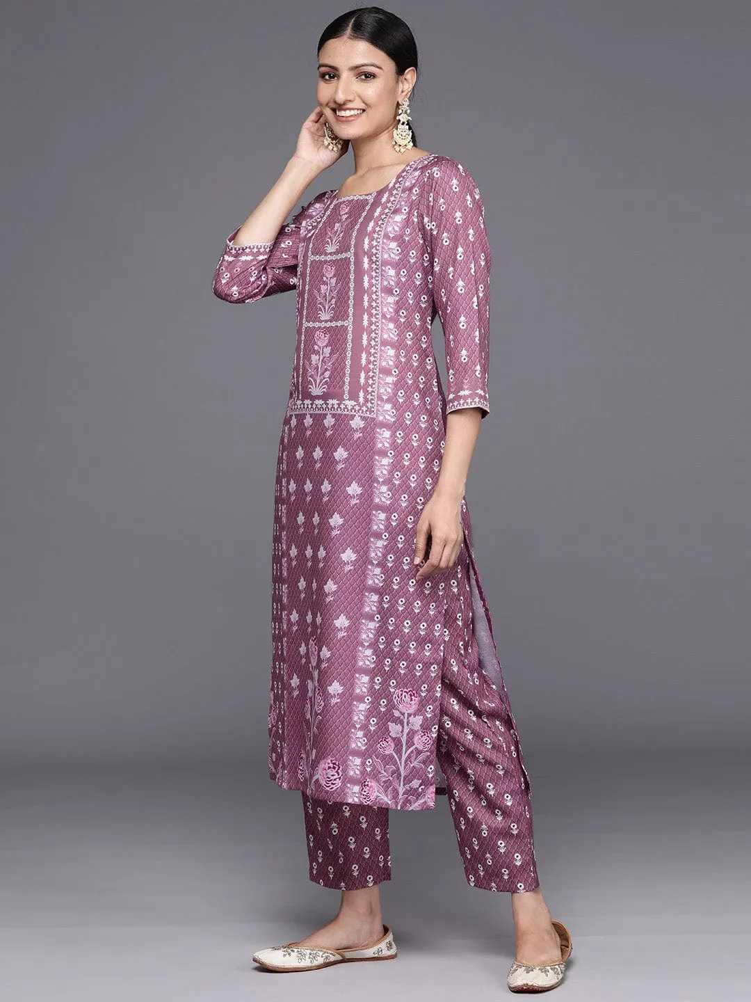 Varanga Women Mauve Printed Kurta Set Paired With Printed Bottom