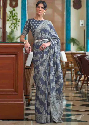 Wedgewood Blue Chikankari Weaving Silk Saree