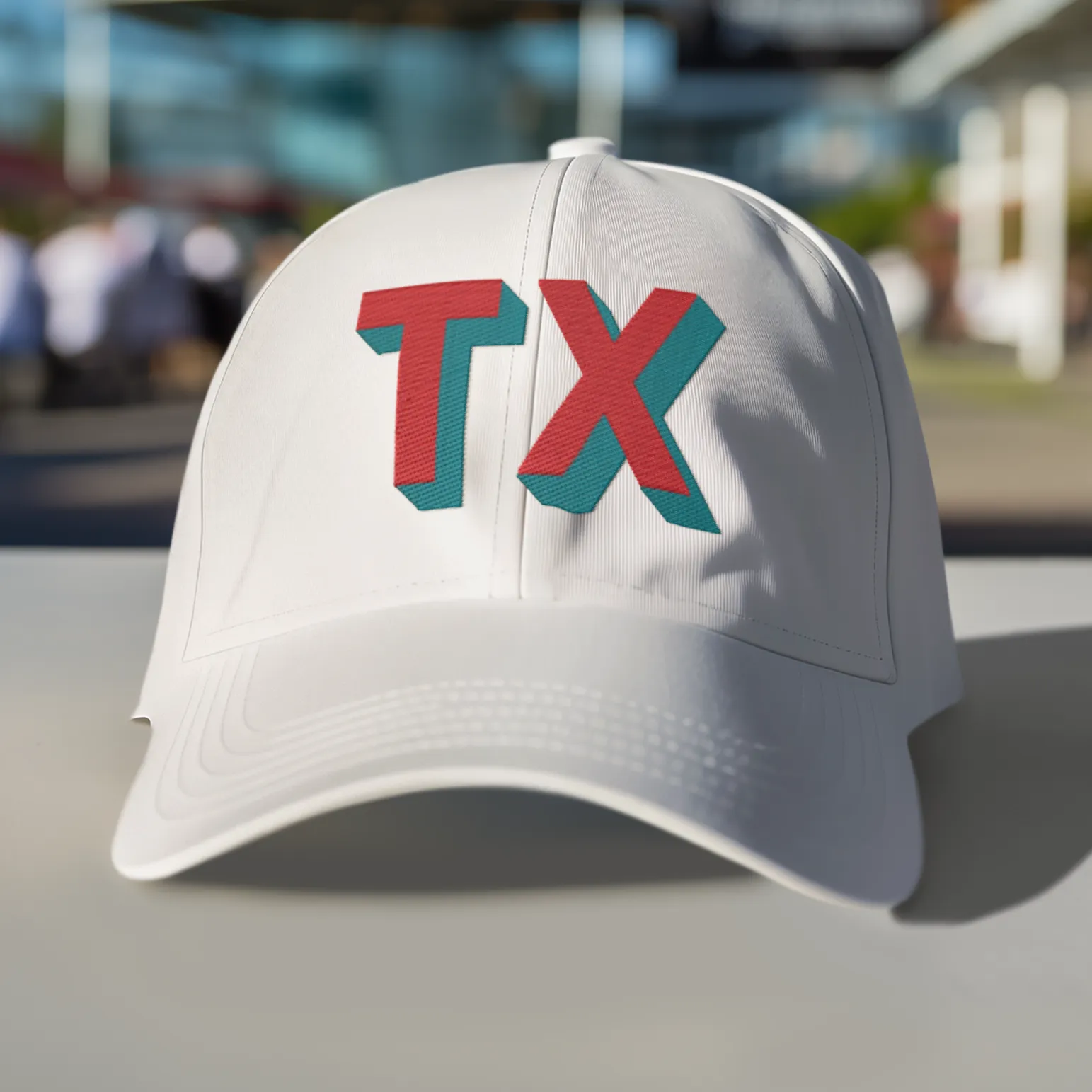 White Dad Hat with Bold Red and Teal Custom Shadow Block Lettering