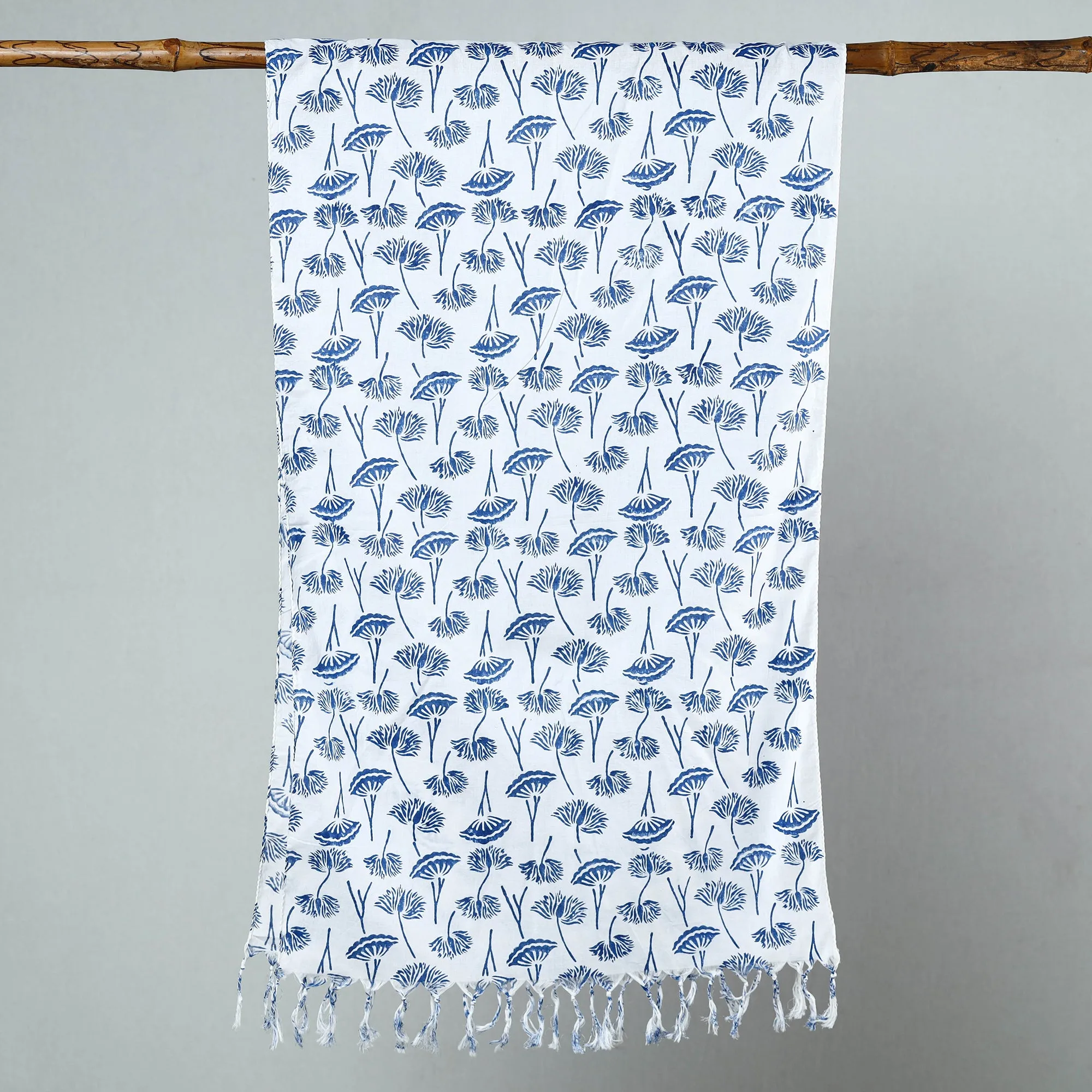 White - Sanganeri Block Printed Cotton Stole with Tassels 04