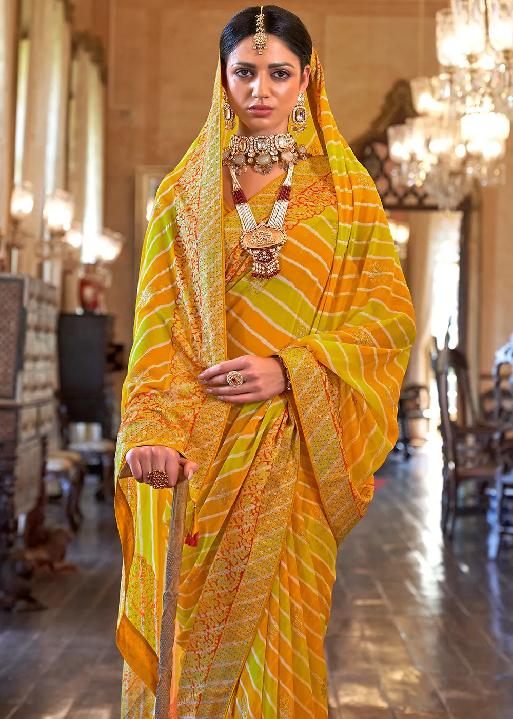 Yellow & Orange Leheriya Printed Georgette Saree with Gota Patti work