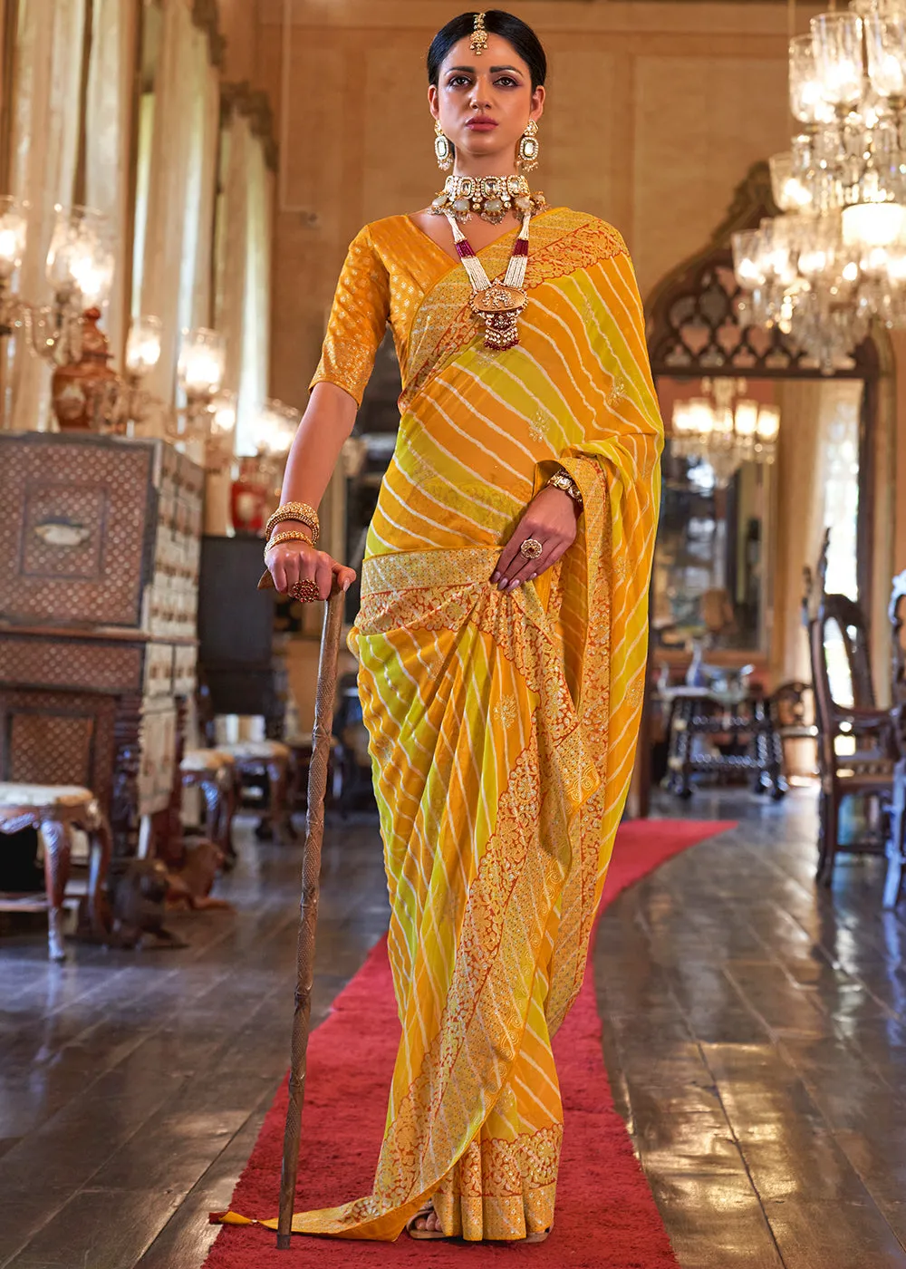 Yellow & Orange Leheriya Printed Georgette Saree with Gota Patti work