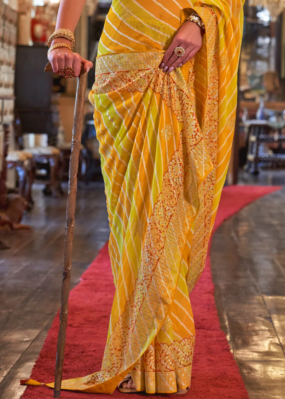 Yellow & Orange Leheriya Printed Georgette Saree with Gota Patti work